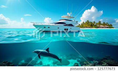 Luxury yacht anchored near tropical island with dolphins swimming below the crystal-clear water 125777673