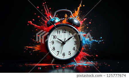 Colorful clock splash creates striking visual contrast against dark background Colorful clock splash creates striking visual contrast against dark background 125777674