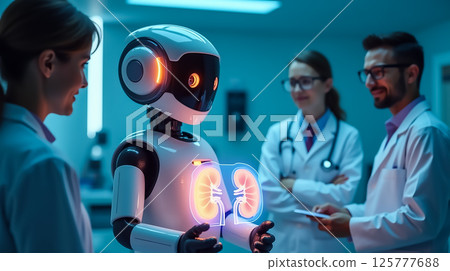 Advanced healthcare technology integration with robots and medical professionals in a laboratory setting Advanced healthcare technology integration with robots and medical professionals in a laboratory setting 125777688