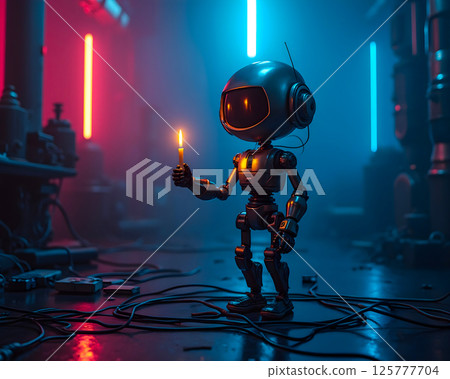 Unique robot character holding a lighter in a neon-lit industrial setting at night Unique robot character holding a lighter in a neon-lit industrial setting at night 125777704