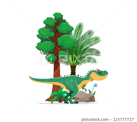 Allosaurus prehistoric dinosaur cartoon character. Isolated vector theropod dino from the Late Jurassic period. Ancient carnivore reptile animal at natural landscape with rock, green trees and plants Allosaurus prehistoric dinosaur cartoon character. Isolated vector theropod dino from the Late Jurassic period. Ancient carnivore reptile animal at natural landscape with rock, green trees and plants 125777727
