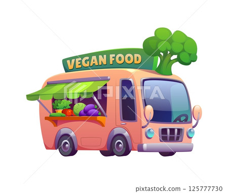 Food truck with vegan cuisine, cartoon foodtruck of vintage street food festival. Vegan truck car or street food booth of veggie food market vendor stall with vegetables, salads and grocery Food truck with vegan cuisine, cartoon foodtruck of vintage street food festival. Vegan truck car or street food booth of veggie food market vendor stall with vegetables, salads and grocery 125777730