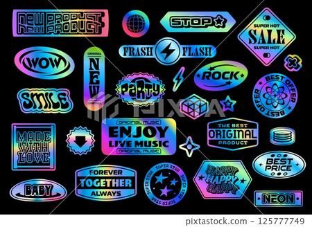 Iridescent hologram y2k groovy stickers, retro holographic patch labels. Rainbow gradient silver foil vector hologram stickers with retro groovy shapes and y2k globes, arrows, stars and lightnings Iridescent hologram y2k groovy stickers, retro holographic patch labels. Rainbow gradient silver foil vector hologram stickers with retro groovy shapes and y2k globes, arrows, stars and lightnings 125777749