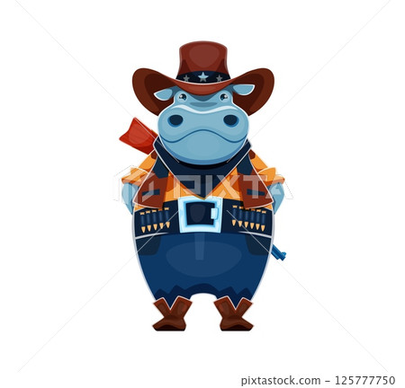 Cartoon animal cowboy, hippopotamus sheriff or bandit robber and ranger, vector character. Funny hippo Wild West ranger or Western bandit character in cowboy hat with rifle guns and bullet bandoleer Cartoon animal cowboy, hippopotamus sheriff or bandit robber and ranger, vector character. Funny hippo Wild West ranger or Western bandit character in cowboy hat with rifle guns and bullet bandoleer 125777750