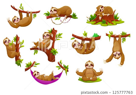 Cartoon lazy sloth animals, funny cute characters in relaxed and playful poses hanging from branches, meditating, sleeping, reading and lounging in a hammock, captures the slow and carefree lifestyle 125777763