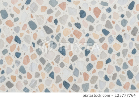 Neutral terrazzo texture with varied pebble shapes in soft earthy tones perfect for flooring brochure kitchen countertop advertising concepts 125777764