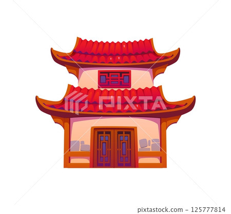 Asian building, cartoon Chinese house or Chinatown tower vector architecture. Asian ancient temple or pagoda shrine with oriental roof, Chinese, Korean or Japanese architecture, tower house building 125777814
