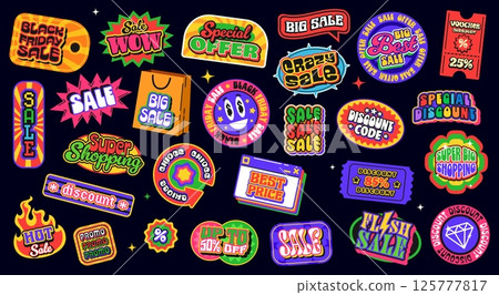 Shopping and sale y2k groovy patch stickers, black friday and best offer retro funky labels. Vector y2k geometric shapes, retail tag and shopping bag badges, discount vouchers and sale stickers set 125777817