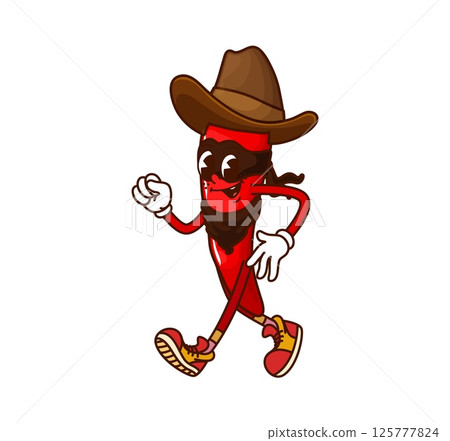 Cartoon groovy chili pepper cowboy and bandit vegetable character. Isolated vector wild west guindilla gangster, robber or ranger personage wearing ten gallon hat and mask ready for Western adventures Cartoon groovy chili pepper cowboy and bandit vegetable character. Isolated vector wild west guindilla gangster, robber or ranger personage wearing ten gallon hat and mask ready for Western adventures 125777824