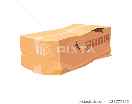 Damaged and broken delivery cardboard box cartoon. Ripped dirty shipping package, damaged crushed isolated vector cargo box. Destroyed crumpled paper container cartoon or broken wet delivery parcel Damaged and broken delivery cardboard box cartoon. Ripped dirty shipping package, damaged crushed isolated vector cargo box. Destroyed crumpled paper container cartoon or broken wet delivery parcel 125777825