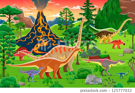 Prehistoric era landscape with volcano and dinosaur characters, vector background with extinct reptiles. Cartoon brachiosaurus, hypselosaurus and tarbosaurus, ouranosaurus and alectrosaurus dinosaurs 125777832