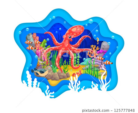 Paper cut underwater landscape with octopus character between seaweed and bubbles. Vector 3d layered wavy frame with cartoon sea animals and fish shoal at tropical ocean underwater landscape 125777848