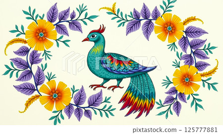 Colorful peacock surrounded by vibrant flowers and foliage showcases artistic design Colorful peacock surrounded by vibrant flowers and foliage showcases artistic design 125777881