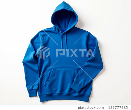 Long sleeved blue hoodie displayed on a plain background for casual wear and style inspiration 125777885
