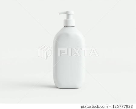 Simple white bottle with pump on a light background ideal for cosmetic or personal care products 125777928