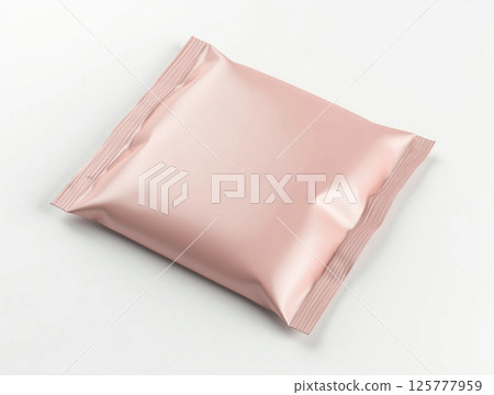 Soft pink packaging of a product displayed on a clean surface with soft lighting 125777959