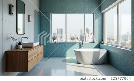 Modern bathroom design with large windows and city view offering a blend of elegance and comfort in urban living Modern bathroom design with large windows and city view offering a blend of elegance and comfort in urban living 125777964