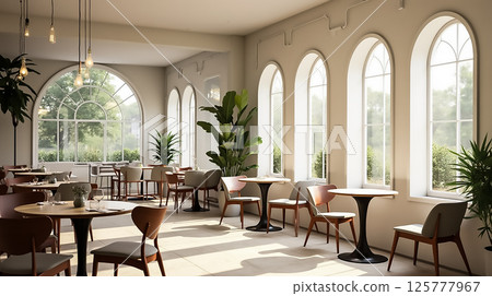 Bright and airy cafe interior with elegant design and lush greenery during the afternoon Bright and airy cafe interior with elegant design and lush greenery during the afternoon 125777967