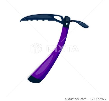 Cartoon number seven as a purple ice axe used in climbing. Vector numeral 7 sport font, kids typeface, funny type, alphabet for showcasing outdoor adventure equipment or mountaineering safety tools 125777977