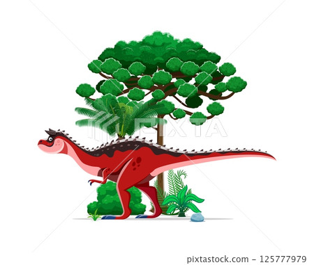 Carnotaurus prehistoric dinosaur character. Isolated cartoon vector carnivorous ancient reptile dino predator in a lush, vibrant tropical landscape with rocks, palm trees, green bush and ferns 125777979