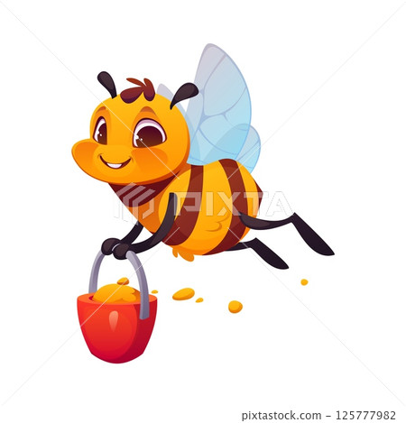 Bee flying with bucket of honey cheerful cartoon character. Bee bug isolated vector cute mascot, garden bumblebee insect cheerful character. Spring honeybee animal happy personage carrying pollen 125777982