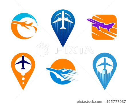 Plane map pin icons of vector air travel and flight, trip and tourism. Airplanes flying in cloud sky silhouettes with route tracks, map pins or destination pointers. Plane, aircraft and aviation signs 125777987