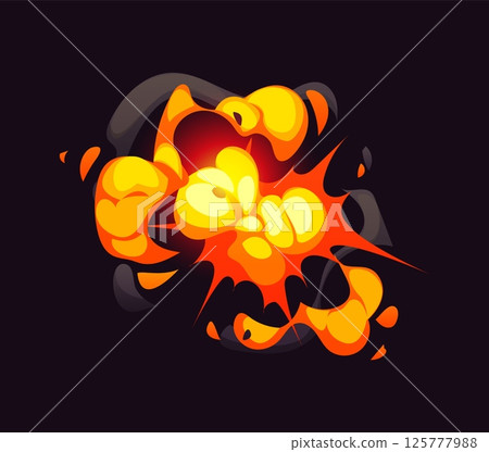 Cartoon comic fire bomb explosion, blast effect and smoke boom cloud. Vector explode burst with a glowing center and dark smoky tendrils expanding outward, representing atomic impact and detonation 125777988