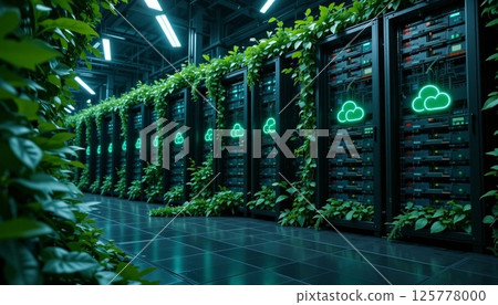 Eco Friendly Data Center with Green Plants and Cloud Technology in 8K Realistic Render. 125778000
