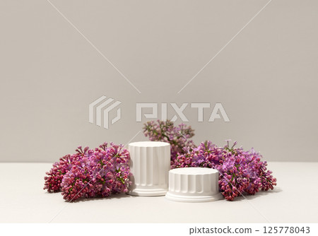 Beauty cosmetics product presentation scene made with white miniature Greek columns 125778043