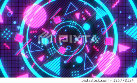 復古的平面構圖，大圓圈上有孟菲斯風格的形狀和圖案 - 粉紅色的霓虹色 125778154