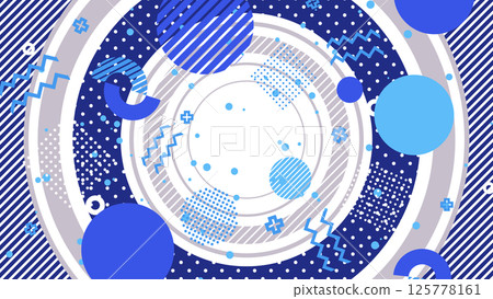 A pop flat composition with Memphis-style shapes and patterns on a large circle - Blue/Transparent background A pop flat composition with Memphis-style shapes and patterns on a large circle - Blue/Transparent background 125778161