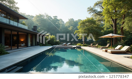 Modern backyard oasis features serene poolside with lounge chairs surrounded by lush greenery in early morning light 125778347