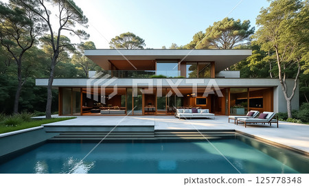 Luxury modern house surrounded by trees with a pool in a serene forest setting at dawn 125778348