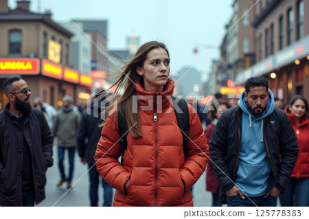 Woman in Red Coat Walks Through Busy Street in Urban Area During Overcast Day Woman in Red Coat Walks Through Busy Street in Urban Area During Overcast Day 125778383