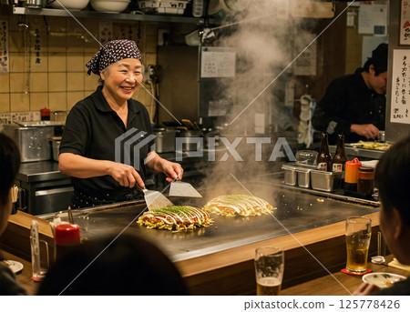 Elderly woman grilling okonomiyaki Elderly woman grilling okonomiyaki 125778426