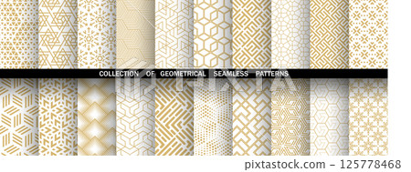 Geometric set of seamless golden and white patterns. Simple vector graphics 125778468
