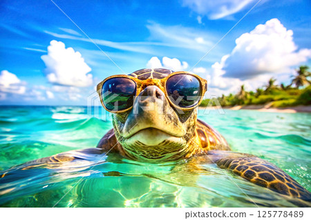 A funny turtle in sunglasses swims in a tropical sea 125778489