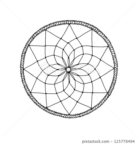 Vector illustration of a hand drawn dreamcatcher ring in black and white. Boho line art style with detailed feather cord texture. Ideal for tattoos, logo design, packaging and stationery 125778494