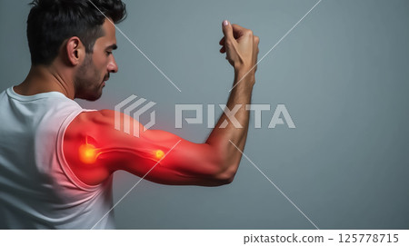 Man demonstrating muscle tension and strength with highlighted bicep in a minimalistic setting Man demonstrating muscle tension and strength with highlighted bicep in a minimalistic setting 125778715