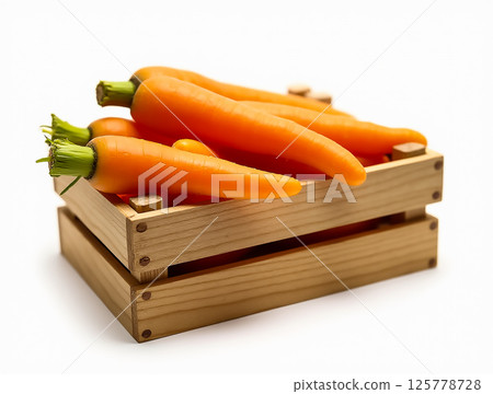Freshly harvested carrots displayed in a wooden crate on a white background showcasing vibrant orange color Freshly harvested carrots displayed in a wooden crate on a white background showcasing vibrant orange color 125778728