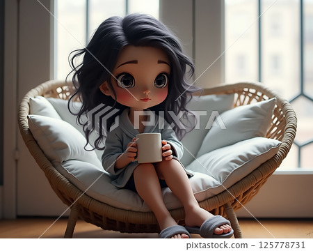 Relaxing morning with a cute character enjoying a warm drink in a cozy chair by the window 125778731
