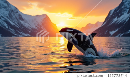 Orca leaps out of tranquil waters at sunset with snow-capped mountains in the background 125778744