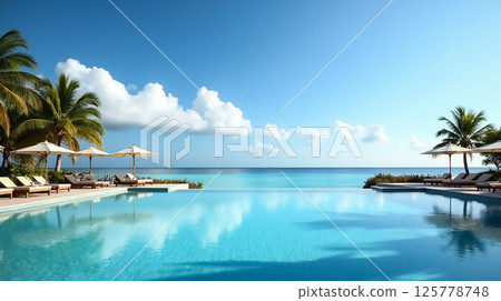 Beautiful tropical resort with a serene pool overlooking the ocean in a sunny paradise 125778748