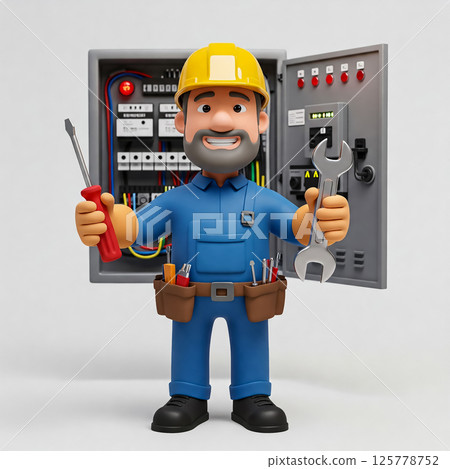Electrician working on control panel while holding tools in workshop setting Electrician working on control panel while holding tools in workshop setting 125778752