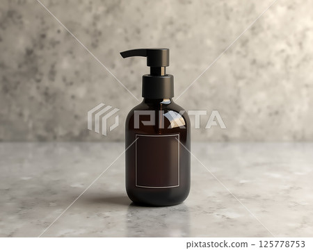 Dark glass dispenser with black pump cap on a marble surface in a minimalistic setting for skincare or personal care products Dark glass dispenser with black pump cap on a marble surface in a minimalistic setting for skincare or personal care products 125778753