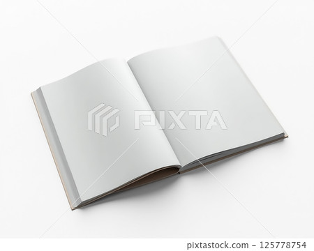 Open blank notebook ready for writing or drawing on a clean white background in a creative workspace 125778754