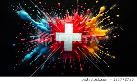 Colorful splash of paint with a white cross symbol representing creativity and health 125778756