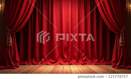 Red velvet curtains on a theater stage creating an inviting atmosphere for an upcoming performance in the evening 125778757