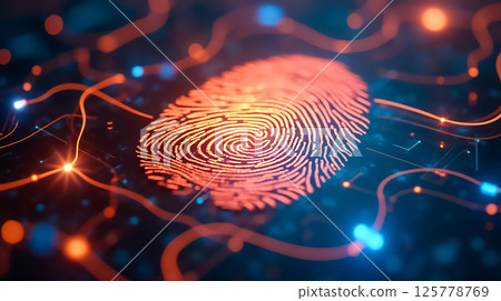 Intricate digital fingerprint design illuminated by glowing lines and vibrant lights in a high-tech environment 125778769