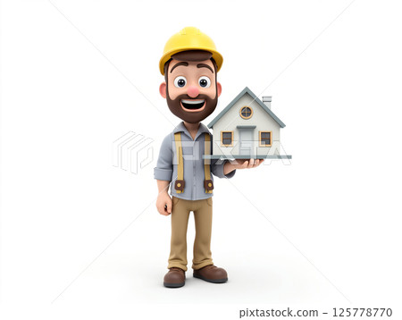 Happy construction worker holds a model house on a white background, showcasing home building and design Happy construction worker holds a model house on a white background, showcasing home building and design 125778770
